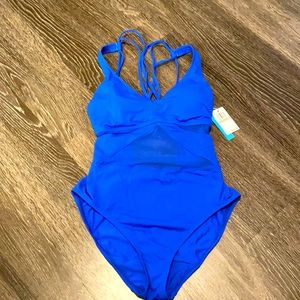 NWT blue one piece with sheer detail